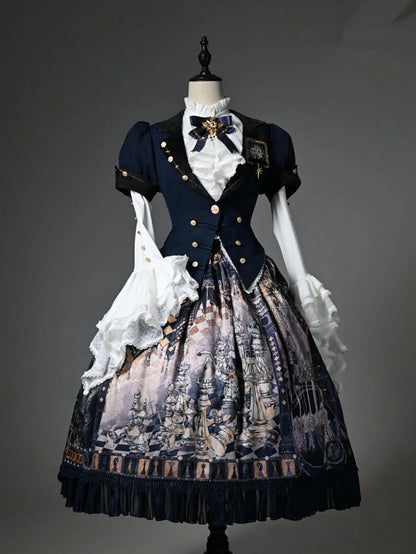 Dark Blue Blazer Collar Short Puff Sleeves Split-Tail Top