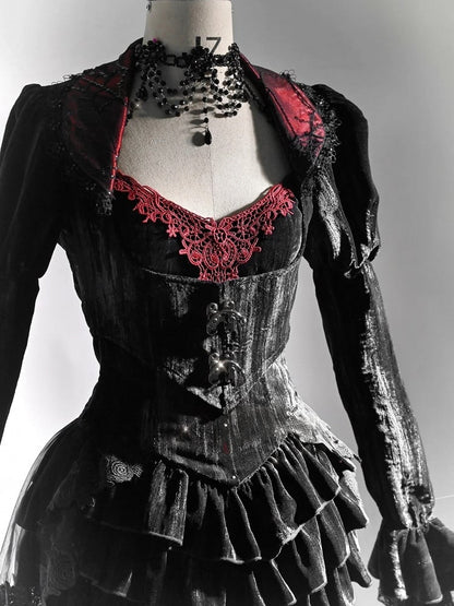 Halloween Gothic Black Velvet Cropped Jacket with Sequins Collar Vampire Jacket