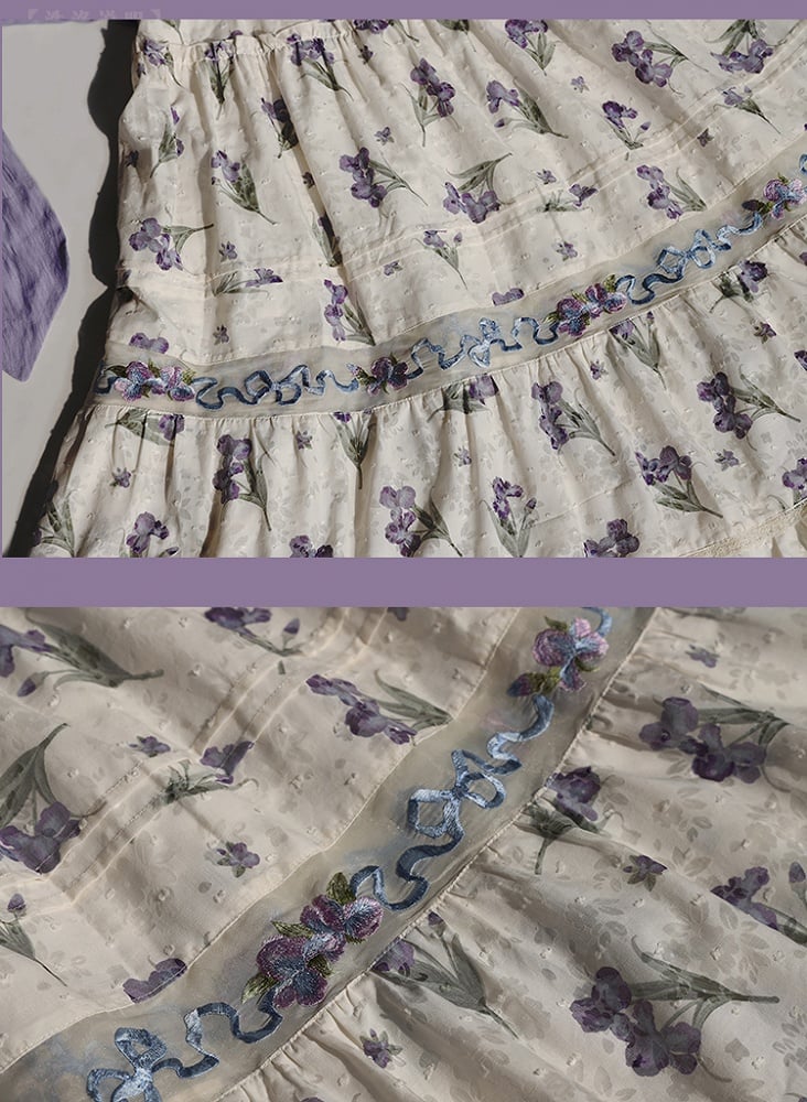 Purple Iris Embroidery Beige Off-the-shoulder Neckline Jumper Skirt