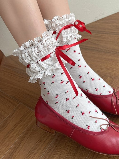 White&Red Floral Print Lace Trim Lolita Socks