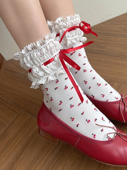 White&Red Floral Print Lace Trim Lolita Socks
