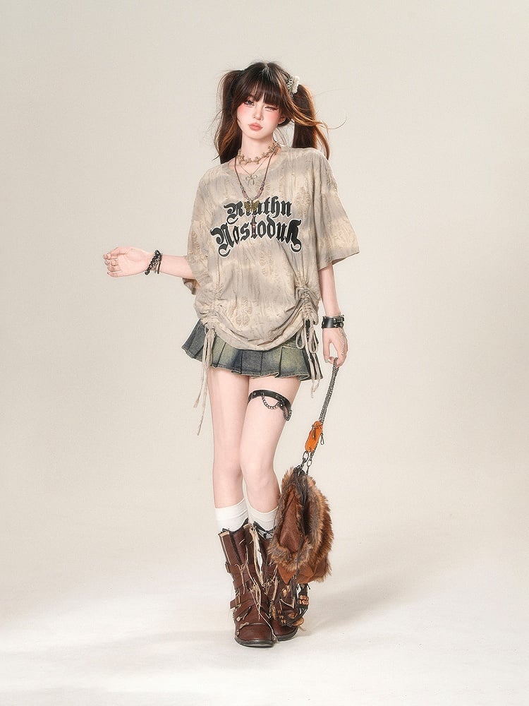 Apricot Letter Print Drawstring Waist Distressed Holes Loose T-Shirt