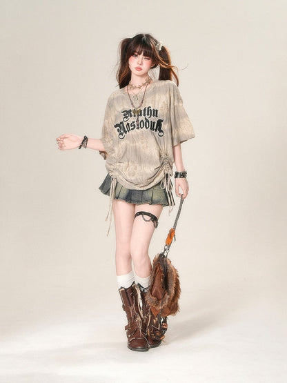 Apricot Letter Print Drawstring Waist Distressed Holes Loose T-Shirt