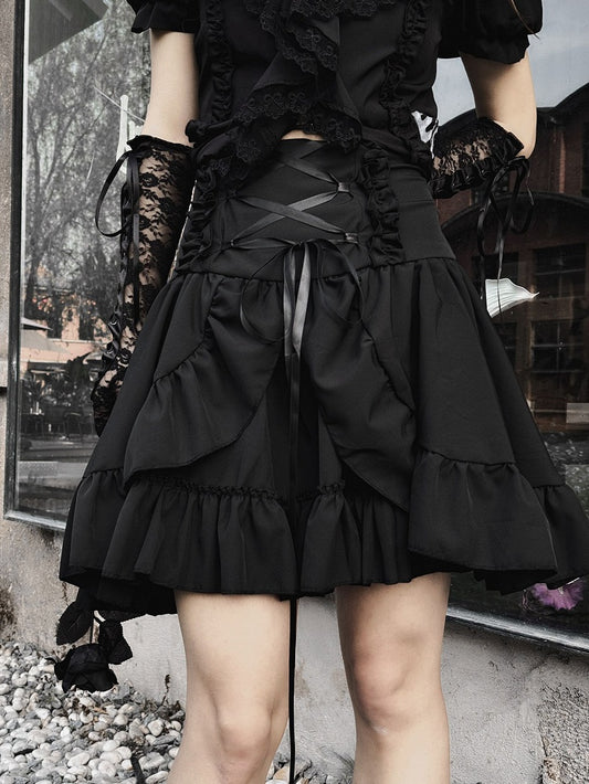 Lace-up Detail Gothic Black High Waist Skirt