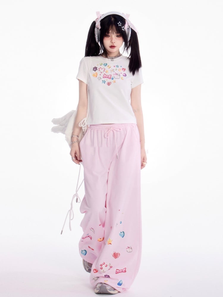 Adorable Print Pink Drawstring Waist Wide-Leg Casual Pants