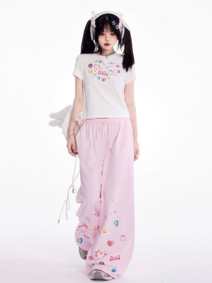 Adorable Print Pink Drawstring Waist Wide-Leg Casual Pants