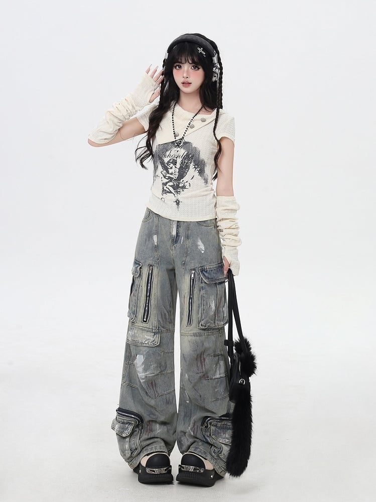 Apricot/Black Pointed Flat Collar Angel Print Wasteland Punk T-shirt with Free Armwears