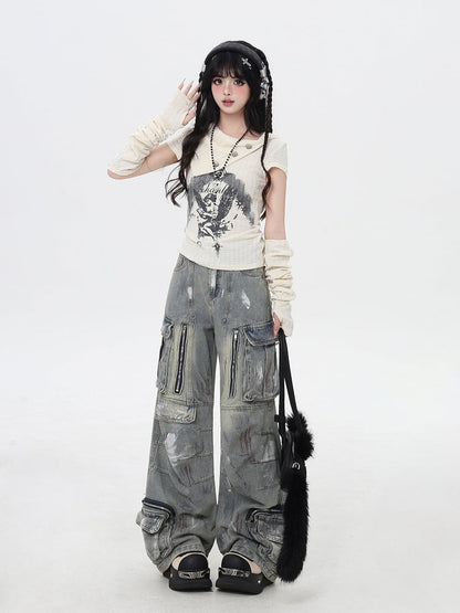 Apricot/Black Pointed Flat Collar Angel Print Wasteland Punk T-shirt with Free Armwears