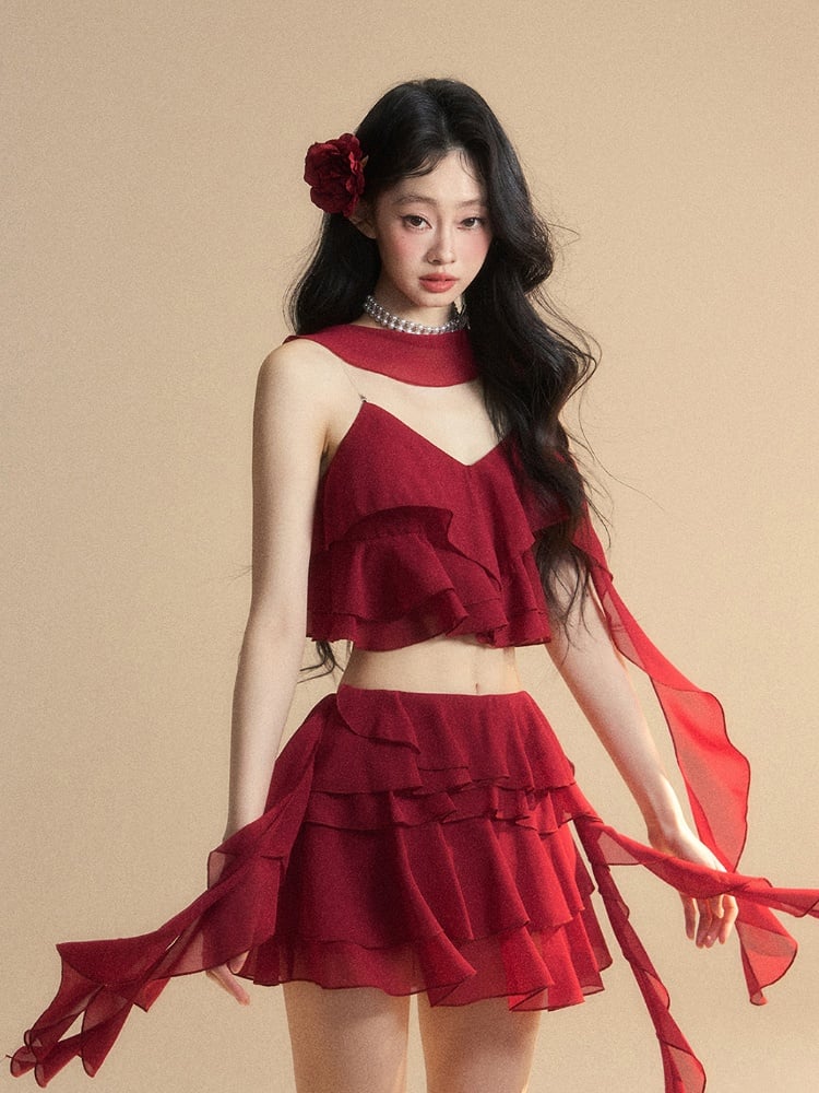 Clearance-Size M for Waist 64CM Red Chiffon Asymmetrical Ruffled Hem Slim-fitting Mini Tiered Skirt