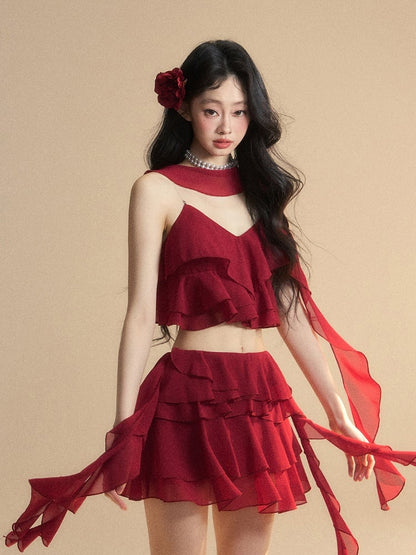 Clearance-Size M for Waist 64CM Red Chiffon Asymmetrical Ruffled Hem Slim-fitting Mini Tiered Skirt