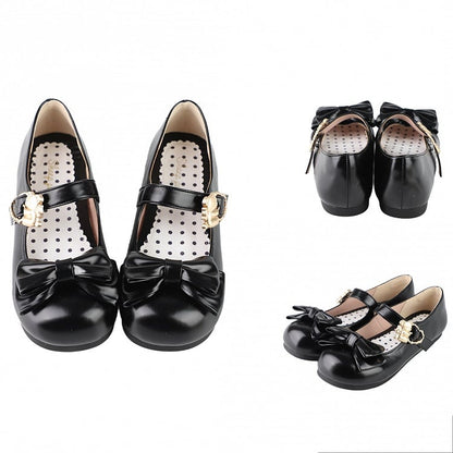 Black Bow at Top Sweet Lolita Flats with Hugging Bear Heart Buckles