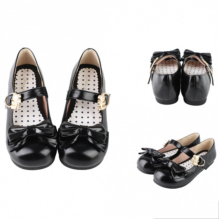 Black Bow at Top Sweet Lolita Flats with Hugging Bear Heart Buckles