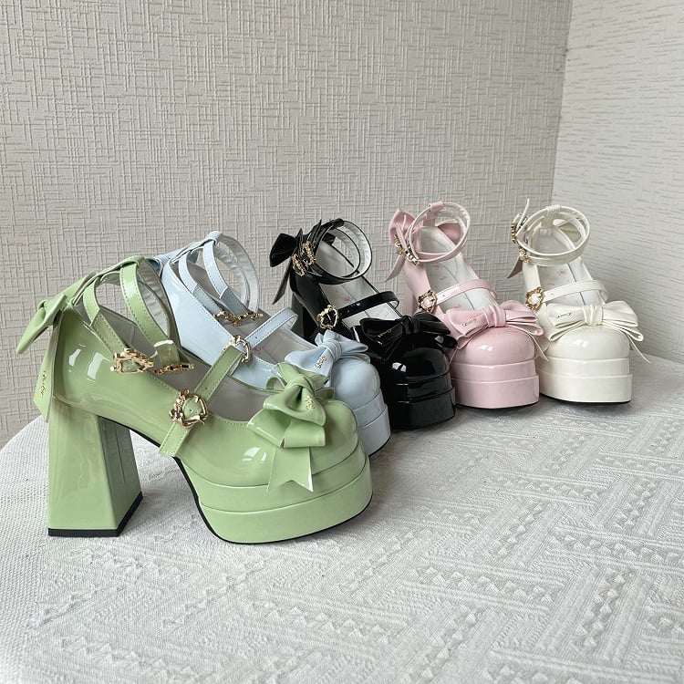 Black Bow Accents High Block Heel Platform High Heels