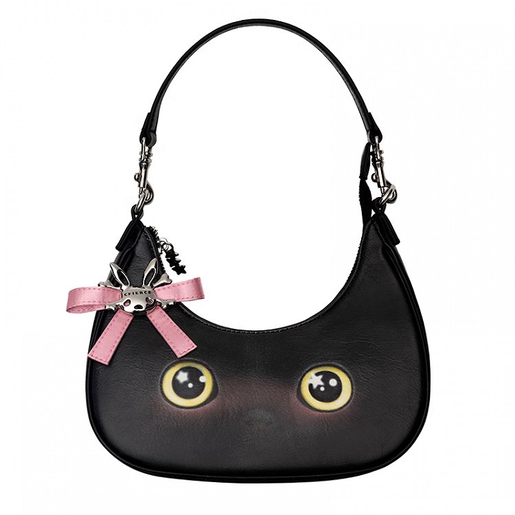 Black Kitty Crescent-shaped PU Tote Bag