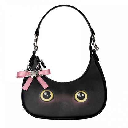Black Kitty Crescent-shaped PU Tote Bag