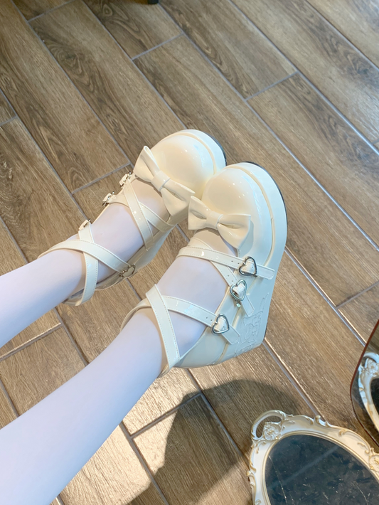 White Bow at Top Crisscross Sweetheart Buckle Straps Sweet Lolita Platforms