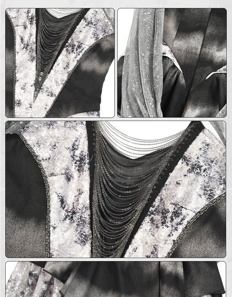 Y3K Fashion Futuristic Black Basque Waist Metal Chains Front Handkerchief Hem Cyberpunk Hooded Dress