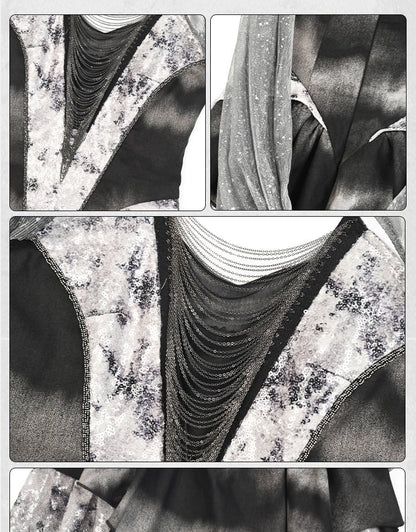 Y3K Fashion Futuristic Black Basque Waist Metal Chains Front Handkerchief Hem Cyberpunk Hooded Dress