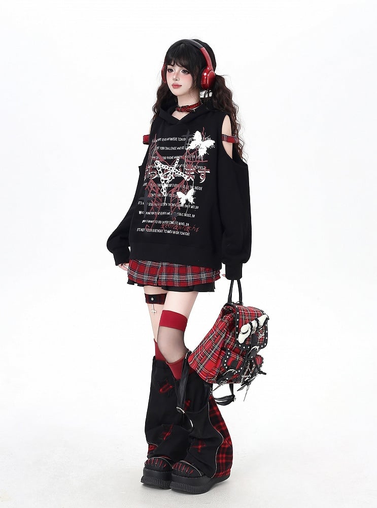 Y2K Style Plaid Leg Warmers in Black & White / Red & Black Colorblock with Star Appliques