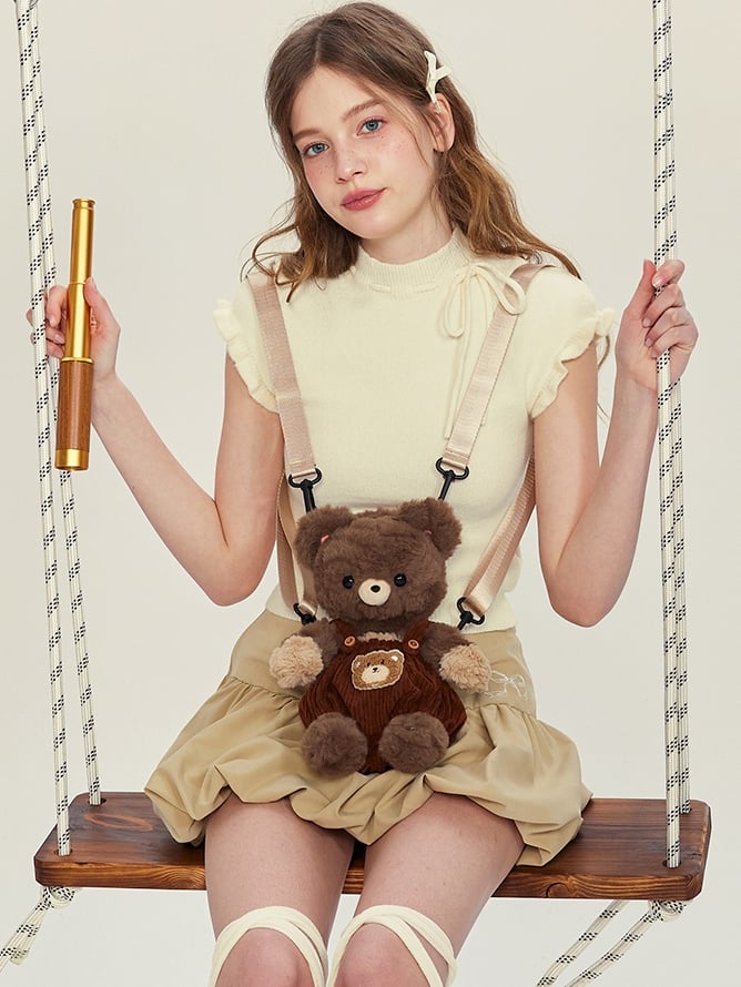 Chocolate Brown Cute Plush Bear Backpack + Overall Pants Middle/Large Size