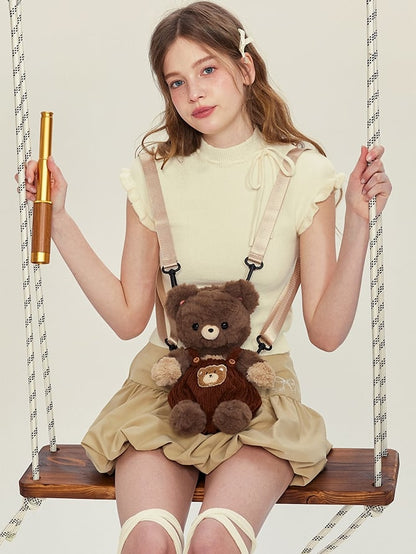 Chocolate Brown Cute Plush Bear Backpack + Overall Pants Middle/Large Size