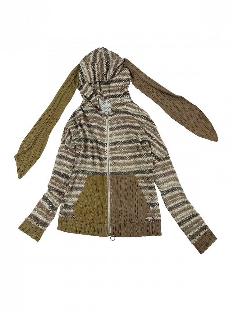 Dune Inspired Bunny Ears Brown Striped Hooded Top Hollow-out Design