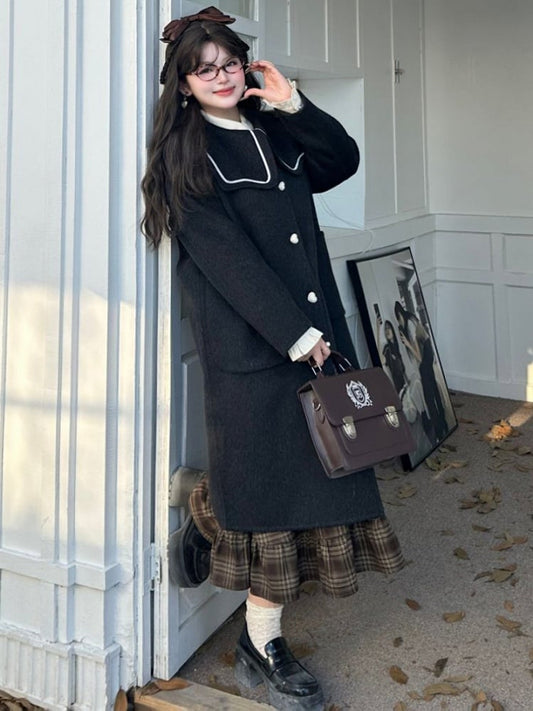 Plus Size Black Sailor Collar Heart Buttons Woolen Coat
