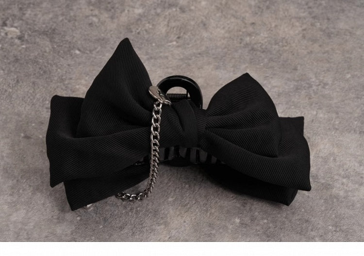 Gothic Pins Decorated Black Bow Claw Clip with Cross Chain