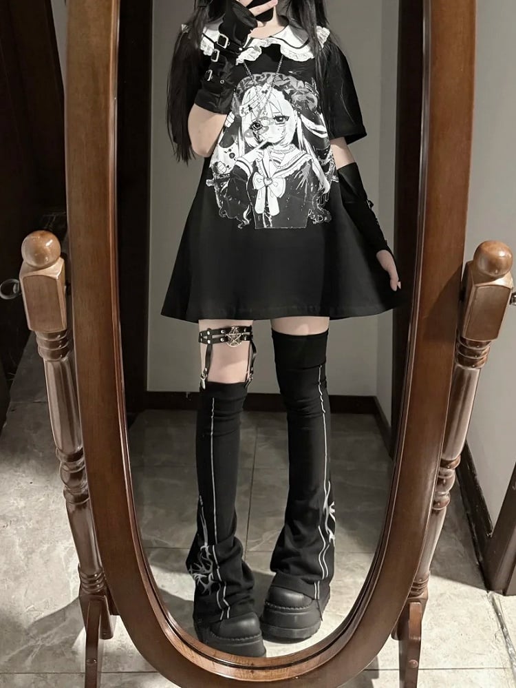 Anime Girl Print Peter Pan Collar Black Jirai Kei T-shirt