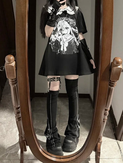 Anime Girl Print Peter Pan Collar Black Jirai Kei T-shirt