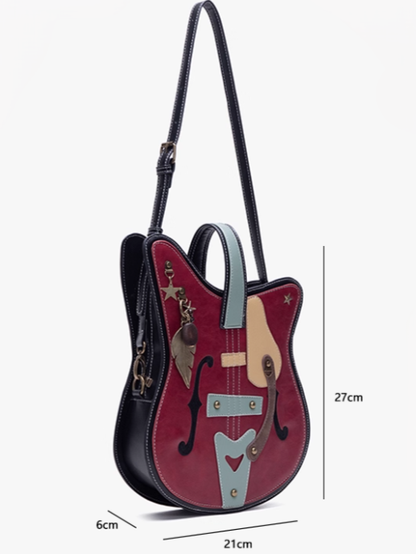 Vintage 2-Way Red Guitar-Shaped Tote Bag With Metal Feather Chain Accents