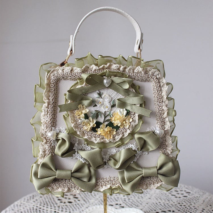 Elegant Classic Lolita Lace Handbag Adorned with Flower and Ribbon Bows – 9 Color Options