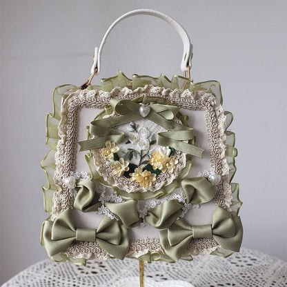 Elegant Classic Lolita Lace Handbag Adorned with Flower and Ribbon Bows – 9 Color Options