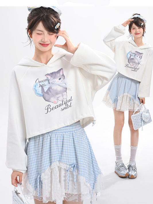 Adorable Cartoon Kitty Print Drawstring Hem Blue Plaid Hood White Hoodie
