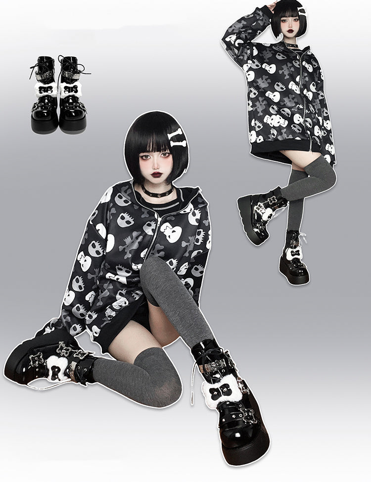 Buckle Straps Plush Bone Decorated Polished Black Punk Platform Boots