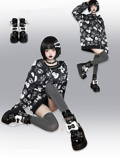 Buckle Straps Plush Bone Decorated Polished Black Punk Platform Boots