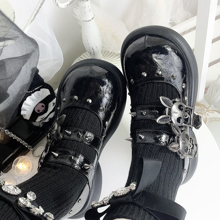 Skeleton Bunny Buckles Crack Black Punk Mary Janes