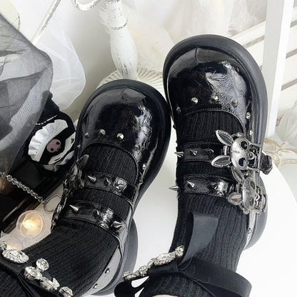 Skeleton Bunny Buckles Crack Black Punk Mary Janes