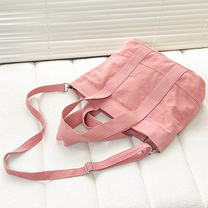 Small-Sized Chic Pink Double-Handle Canvas Tote Bag with Ruffle Accents