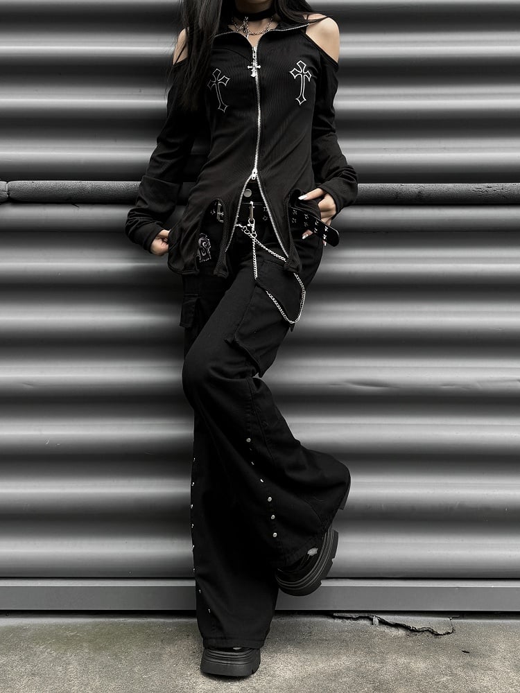 Punk Black Letter Patch Cargo Pockets Design Low Waist Fishtail Pants with Belt