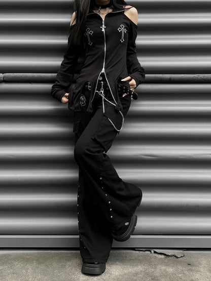 Punk Black Letter Patch Cargo Pockets Design Low Waist Fishtail Pants with Belt