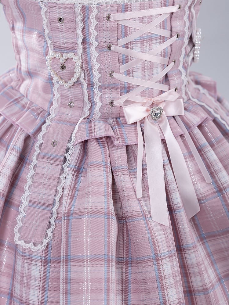 Pink Lace-up High Waist Jirai Kei Plaid Skirt with Detachable Flutter Straps