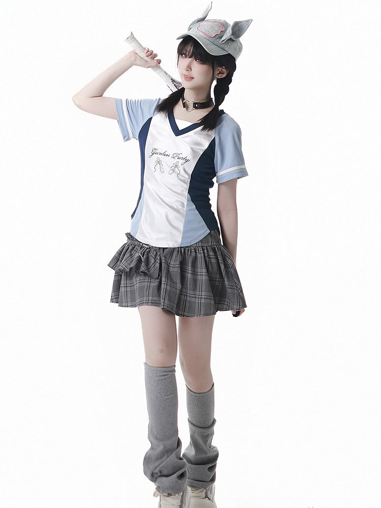 Blue Colorblock Design Blokette Core V-neck T-shirt