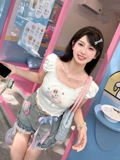 Adorable Cat Embroidery White Square Neckline and Short Puff Sleeves T-shirt