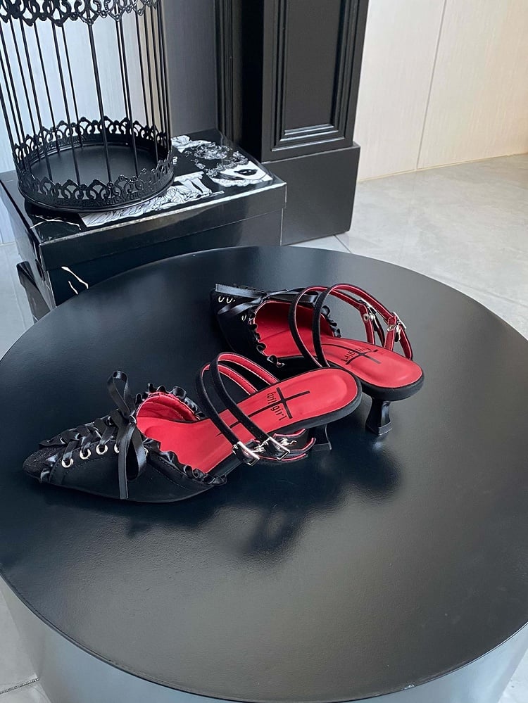 Black Lace-up Detail Pointed Toe Gothic Slingback Sandals