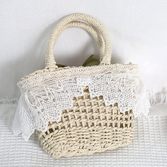 Fresh Lolita Bowknot Lace Trimmed Straw Handbag / Crossbody