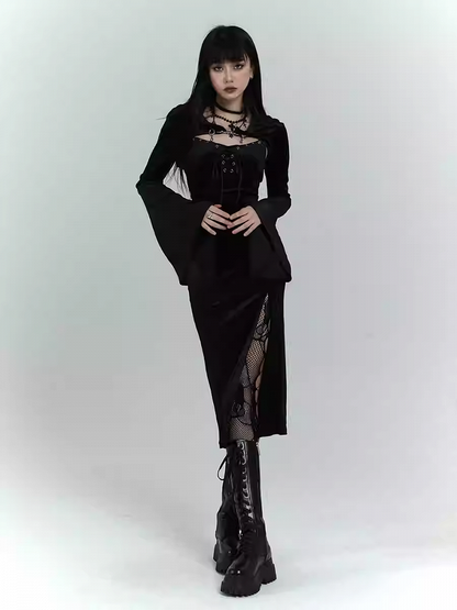 Gothic Black Velvet Side Slit Slip Dress with Bell Sleeves Hooded Top Set