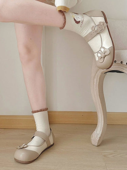 Khaki Bunny Ear Bowknot Decorated Bear Buckle Flats