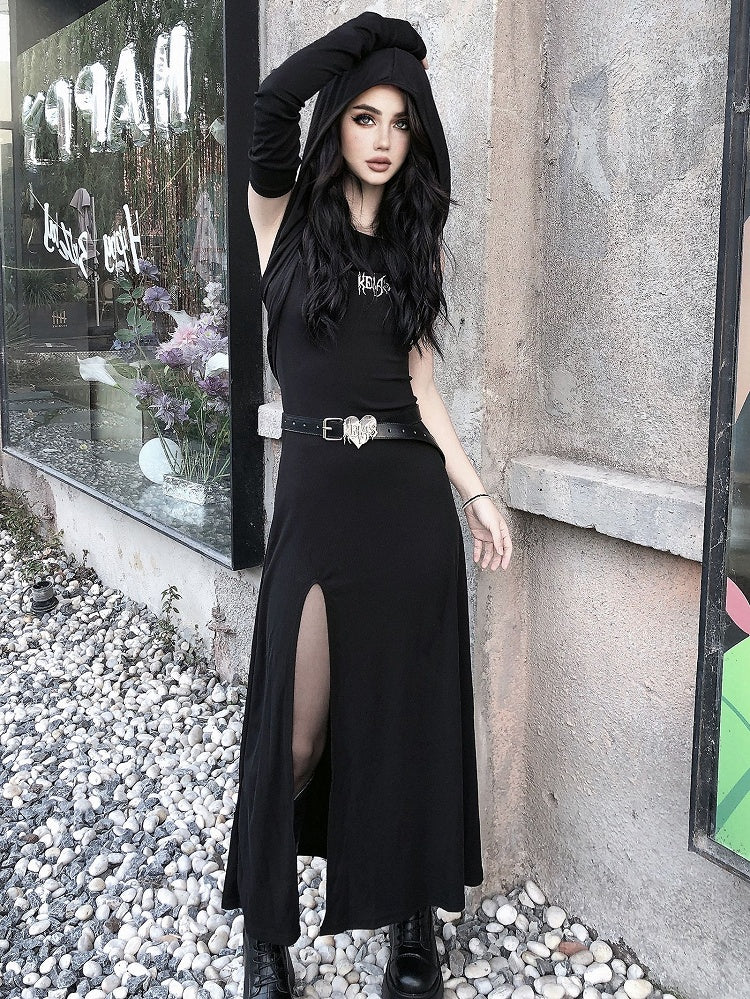 Thigh-high Slit Black Gothic Hooded Dress