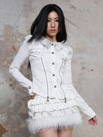 White Punk Textured Blouse with Ruffled Puff Collar & Front Side Zippers